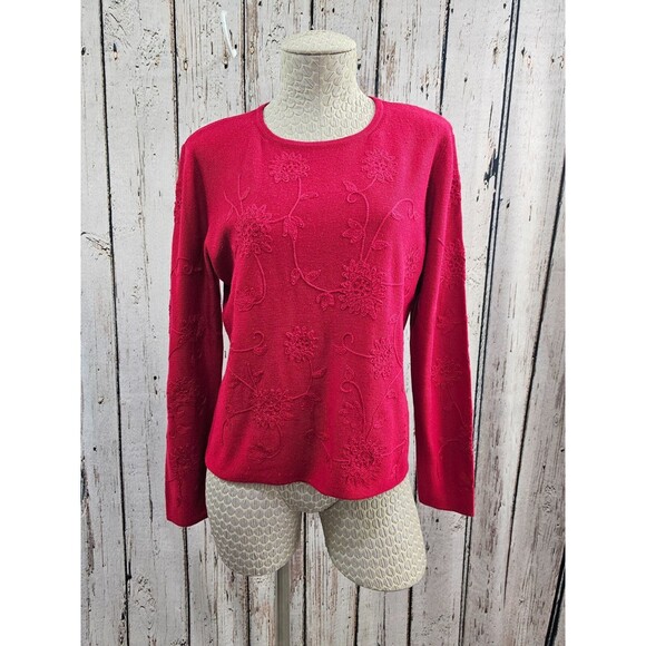 CARLISLE L Silk Wool Embroidered Red Long Slv Lightweight Sweater Pullover EUC - Picture 2 of 8